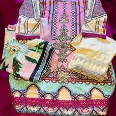 Pakistani Indian Brand New Dress With Lace Beautiful Color Combination Three-Piece Dress Ready To Ship Size Medium To Large Summer Cotton Lawn Suit, Unstitched Multicolor Lawn Suit For Summer, Bohemian Lawn Suit With Printed Motifs For Summer, Summer Multicolor Unstitched Lawn Suit, Bohemian Style Summer Lawn Suit With Printed Motifs, Pink Printed Lawn Suit For Summer, Pink Lawn Suit With Printed Motifs For Summer, Summer Pink Lawn Suit With Printed Motifs, Bohemian Cotton Lawn Suit For Summer