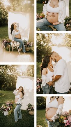 a pregnant woman sitting in a chair with her husband and baby bumping her belly