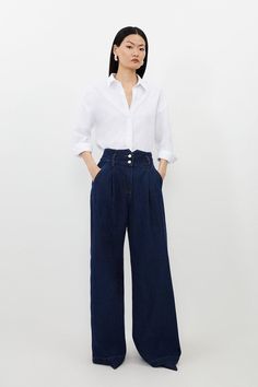 Fashion-Forward And Undeniably Flattering, These Denim Trousers Are An Instant Wardrobe Staple. This Versatile Pair Can Be Easily Styled For Everyday Plans, Or Elevated For The Night With The Addition Of Heels And Accessories. A Wide Leg Cut Ensures A Flattering Look, While Side Pockets Add Functionality.Denim Fabricwide Leg Cutside Pocketsbelt Loops Styling Blue Pants, Indigo Fashion, Denim Wide Leg Pants, Plus Size Workwear, Outfits For Mexico, Clothes Wishlist, Black Pencil Dress, Petite Business Casual, Ibiza Outfits