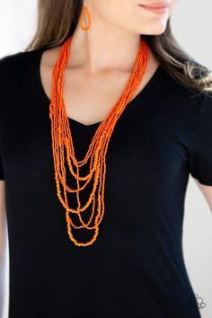 Varying in size, row after row of vivacious orange seed beads cascade down the chest, creating summery layers. Features an adjustable clasp closure. Sold as one individual necklace. Includes one pair of matching earrings. P2SE-OGXX-207XX Trendy Fringe, Paparazzi Consultant, Hanging Necklaces, Orange Necklace, Natural Contour, Paparazzi Accessories, White Rhinestone, Seed Bead Necklace, Tonga