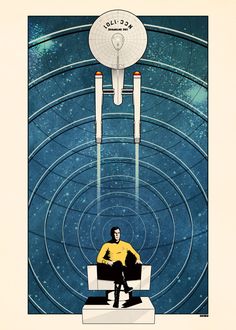 a man sitting on top of a white bench in front of a star trek poster