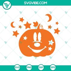 an orange pumpkin with stars and moon on it's face, in front of a blue