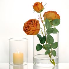 two vases with roses in them on a white surface next to a lit candle