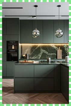 an image of a kitchen setting with green and white checkered wallpaper on the walls