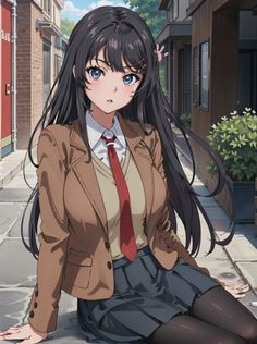 a woman sitting on the ground with long black hair and wearing a brown blazer