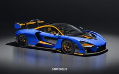 a blue and orange sports car on a black background