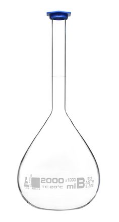 an empty glass flask with a blue lid and handle is shown in front of a white background