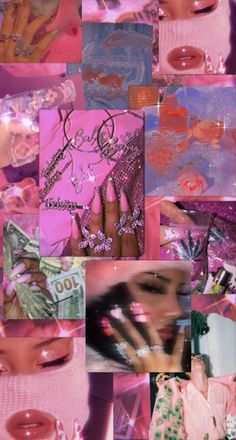 the collage shows many different images in pink and purple tones, including an image of a woman's face