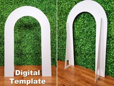 two white archs in front of a green wall with the words digital template on it