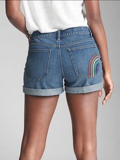 Long Jeans Shorts, Denim Shorts Diy, Diy Denim Shorts, Denim Shorts Outfit Summer, Long Denim Skirt Outfit, Embroidery Jeans Jacket, Pride Ideas, Embroidered Rainbow, Rainbow Embroidery