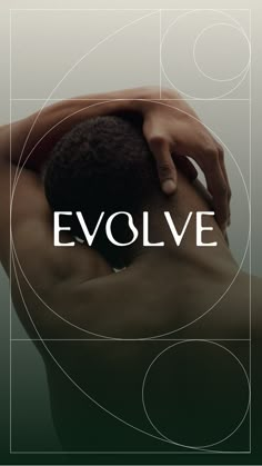 a man holding his head with the word evolve in front of him and an abstract background