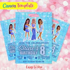 three birthday party flyer templates for girls with barbie dolls on the front and back