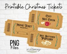 three printable christmas tickets with popcorn and candy canes on the front, one is for