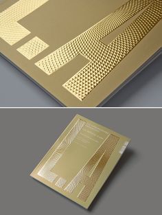 two different views of the back and side of a gold foiled brochure