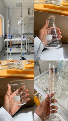 four images show the process of making an experiment in a laboratory, including test tubes and flasks