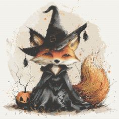 a cross stitch pattern of a fox dressed as a witch