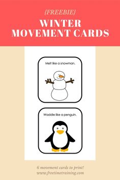 Snow play is a great physical activity. Getting suited up to head out is a gross motor in and of itself. Adding movement throughout the day helps burn energy. Here are 6 movement cards that connect to winter. You can pull a card or attach them to a large dice to choose each movement.