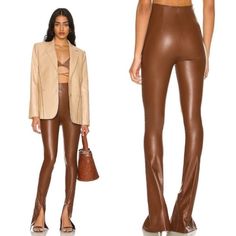 Amanda Uprichard X Revolve Malta Leather Pants In Brown Brown Full Length Pants For Night Out, Fitted High-cut Leg Pants For Fall, Chic High-cut Leg Pants For Fall, Luxury High Waist Bottoms For Fall, Brown Full-length Pants For Night Out, Luxury Full Length Bottoms For Fall, Fitted Full Length Brown Pants, Luxury Fitted Brown Bottoms, Fitted High-waisted Brown Pants