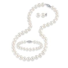 Treat her to a perfectly matching cultured freshwater pearl necklace, bracelet and earrings set and enjoy the instant beauty and sophistication. Lustrous 8.0-9.0mm cultured freshwater pearls are hand strung to create the strand and matching bracelet. Buffed to a brilliant shine, both the 17.0-inch strand and the 7.5-inch bracelet secure with 10K white gold filigree fish hook clasps. Friction backs secure the stud earrings, which rest upon 10K white gold post settings. Beautifully boxed, this set Zales Jewelry, Real Pearl Necklace, Pearl Strands Necklace, Pearl Necklace Earrings, Earring Box, Cultured Pearl Necklace, Bracelet Earring Set, Gold Pearl Necklace, Red Jewelry