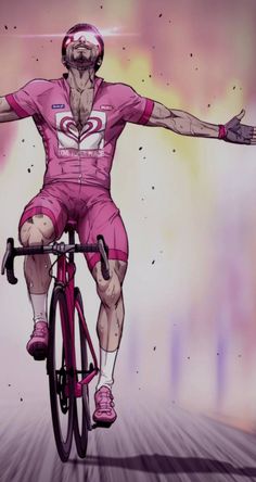 a man riding on the back of a pink bike in front of a purple sky