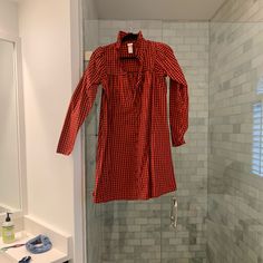 Never Worn! Size Xs But Generous Fit Red Fitted Plaid Casual Dress, Casual Fitted Red Plaid Dress, Casual Red Fitted Plaid Dress, Red Fitted Plaid Dress For Fall, Fitted Red Plaid Dress For Fall, Red Long Sleeve Plaid Dress, Fitted Gingham Plaid Long Sleeve Dress, Fitted Long Sleeve Gingham Plaid Dress, Red Plaid Mini Dress For Spring