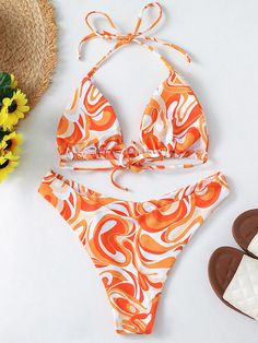 Abstract Printed Lace-Up Backless Triangle Bikini Swimsuit Orange Halter Neck Swimwear For Sunbathing, Orange Backless Beachwear Swimwear, Orange Backless Swimwear For Beachwear, Orange Backless Swimwear For Beach Season, Orange Backless Swimwear For Pool, Orange Triangle Top Tankini For Pool, Orange Halter Neck Swimwear For Beach Season, Retro One-piece Swimwear For Beach, Retro White Swimwear For Pool