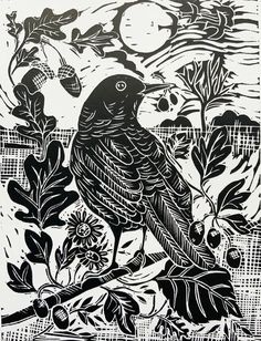 a black and white drawing of a bird sitting on a tree branch with flowers in the background