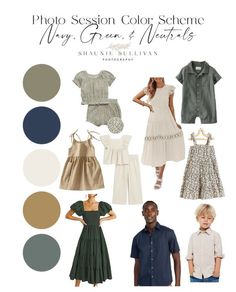 several different types of clothes for children and adults, with the words photo session color scheme