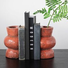 two books are stacked on top of each other next to a potted fern plant