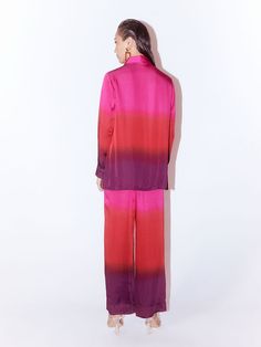 VALUES Handcrafted Organic Fair Minimal Waste Traditional CURATOR'S NOTE Make a statement with this trans seasonal piece- The Candy Tie & Dye Co-ord is crafted from stunning vegan silk fabrication. Made in three elegant colours in an ombré design, this set is a trend setting piece. With a straight shirt and casual fit straight trousers, the set has an interplay of colours with bead and hand hem thread detail. Matched with straight trousers which have a front opening and pockets. Pair it will hee Tie And Dye Cord Sets, Leheriya Co Ord Set, Ombre Co Ord Set, Color Block Co Ord Set, Funky Co Ord Sets, Color Test, Straight Trousers, Co Ord Set, Co Ord