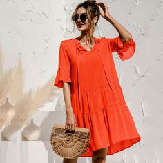 New Fashion Casual V-neck Women's Dress Elegant Loose Print Patchwork Flare Sleeve Beach Party Summer Dresses for Femme Chic V-neck Summer Dress For Vacation, Orange V-neck Summer Beach Dress, Chic V-neck Dress For Beach Party, Summer V-neck Knee-length Dress For Brunch, Bohemian V-neck Mini Dress For Beach, Beach Season V-neck Sundress, Flowy V-neck Dress For Beach Season, V-neck Beachwear Midi Dress For Beach Party, Flowy V-neck Summer Dress For Vacation