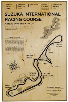 a wooden sign with a map on it that says suzuka international racing course