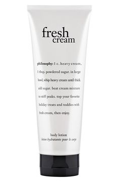 Free shipping and returns on philosophy 'fresh cream' lotion at Nordstrom.com. philosophy's fresh cream lotion moisturizes skin while draping it with a luminous, fresh cream scent. It's formulated with macadamia seed and olive fruit oils, shea butter and antioxidants to hydrate, soothe and soften, leaving skin feeling silky soft. Fresh Cream Body Lotion, Philosophy Products, Foaming Hand Wash, Beauty Tips Hair, Skin Regimen, Skin Oil, Body Lotion Cream, Tips For Teens