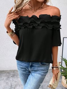 Black Casual Collar Short Sleeve Woven Fabric Plain Top Embellished Non-Stretch  Women Clothing Floral Chiffon Blouse, Shirting Fabric, Printed Sleeveless Blouse, Plain Tops, Collar Tshirt, Off Shoulder Top, Women Blouses, Solid Tops, Clothing Size Chart