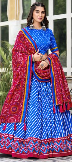 Blue color Lehenga in Tussar Silk fabric with Bandhej, Lehariya, Printed work Blue Anarkali Set With Traditional Drape For Festivals, Blue Anarkali Set With Traditional Drape And Pallu, Blue Cutdana Anarkali Set For Festivals, Blue Cutdana Anarkali For Festivals, Blue Sharara With Pallu For Navratri, Royal Blue Sharara For Navratri, Blue Sharara With Pallu For Diwali, Royal Blue Sharara With Pallu For Navratri, Blue Cutdana Choli For Navratri