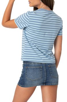 Two blue hues stripe a crewneck T-shirt cut in a boxy, relaxed fit. Crewneck Short sleeves 95% cotton, 5% spandex Machine wash, dry flat Imported Blue Short Sleeve Top With Horizontal Stripes, Blue Crew Neck Tops With Horizontal Stripes, Blue Horizontal Stripe Crew Neck Tops, Blue Striped T-shirt For Summer, Everyday Horizontal Stripe Crew Neck T-shirt, Blue Horizontal Stripe T-shirt For Summer, Blue Striped Summer T-shirt, Blue Summer T-shirt With Horizontal Stripes, Horizontal Stripe Crew Neck Top With Relaxed Fit