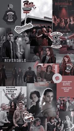 the poster for riverdale is shown in black and white, with many different images