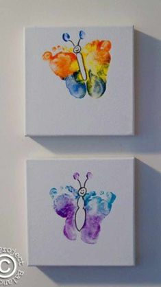 two colorful butterfly paintings on white canvases