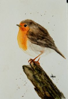 a painting of a bird sitting on top of a piece of wood with dirt all over it