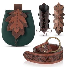 four different types of leather purses with leaves on them