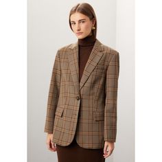 Brown plaid (Shell: 95% Polyester, 5% Spandex Lining: Polyester) Blazer. Long Sleeve. Front button closure. 29.5" shoulder to hemline. Imported. Check Blazer, English Factory, Checked Blazer, Rent The Runway, Closet Designs, Brown Plaid, Plaid Blazer, Polished Look, Turtle Neck