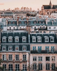 the roofs of many buildings in paris are covered with windows and balconies at sunset