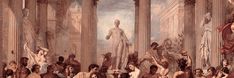 an image of a painting of people in ancient greek style buildings with columns and statues