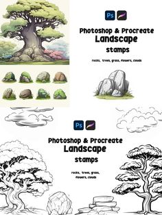 Big set of Brushes for Photoshop and Procreate with greens, rocks, trees, clouds and more! #Procreate #ProcreateBrushes #affiliate