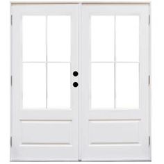 two white double doors with glass panels and black knobs on the top one side