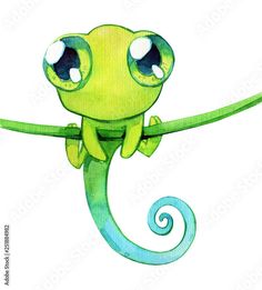 a cute green chamelon with big eyes sitting on a branch