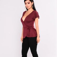 New Fashion Nova Burgundy Wrap Tied Top Size Small. Top Has Raw Hem, Wrap Style, Made Of 95 Percent Rayon And 5 Percent Spandex So It Has Added Stretch. Cute Little Top. V-neck Top With Tie Waist For Party, Party Top With Tie Waist And V-neck, Party V-neck Top With Tie Waist, Fitted Tops With Tie Waist, Casual Wrap Top For Party, Chic Tie Waist Top For Night Out, Casual Wrap Tops For Night Out, Purple V-neck Top For Night Out, Chic Purple Top For Date Night