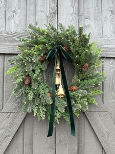 Christmas Wreath With Bells, Winter Front Door Decor, Jingle Bell Wreath, Wreath With Bells, Bell Wreath, Emerald Green Velvet, Christmas Decor Inspiration, Cottage Christmas, Wreath Farmhouse