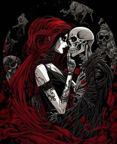 two skeletons and a woman with red hair are in the middle of a black background