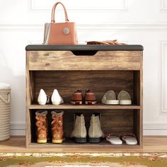 a wooden shoe rack with shoes on it